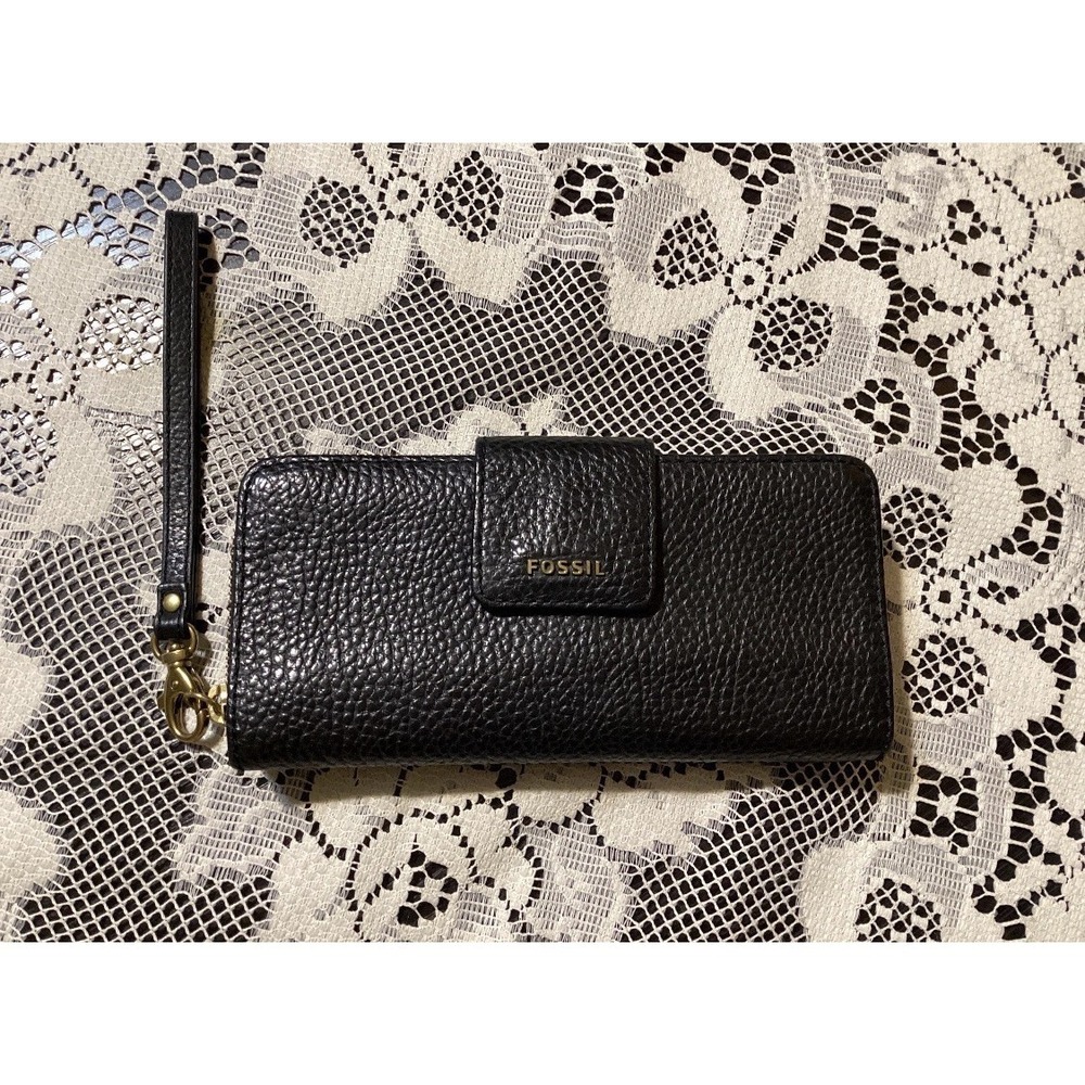 Fossil Black Pebbled Leather Wristlet Wallet Zip Around Bifold Organizer Brass